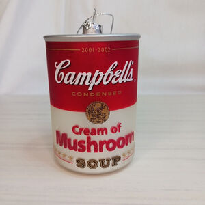 CAMPBELL'S SOUP CAN GLASS CHRISTMAS TREE ORNAMENT CREAM OF MUSHROOM 3.5x2.5